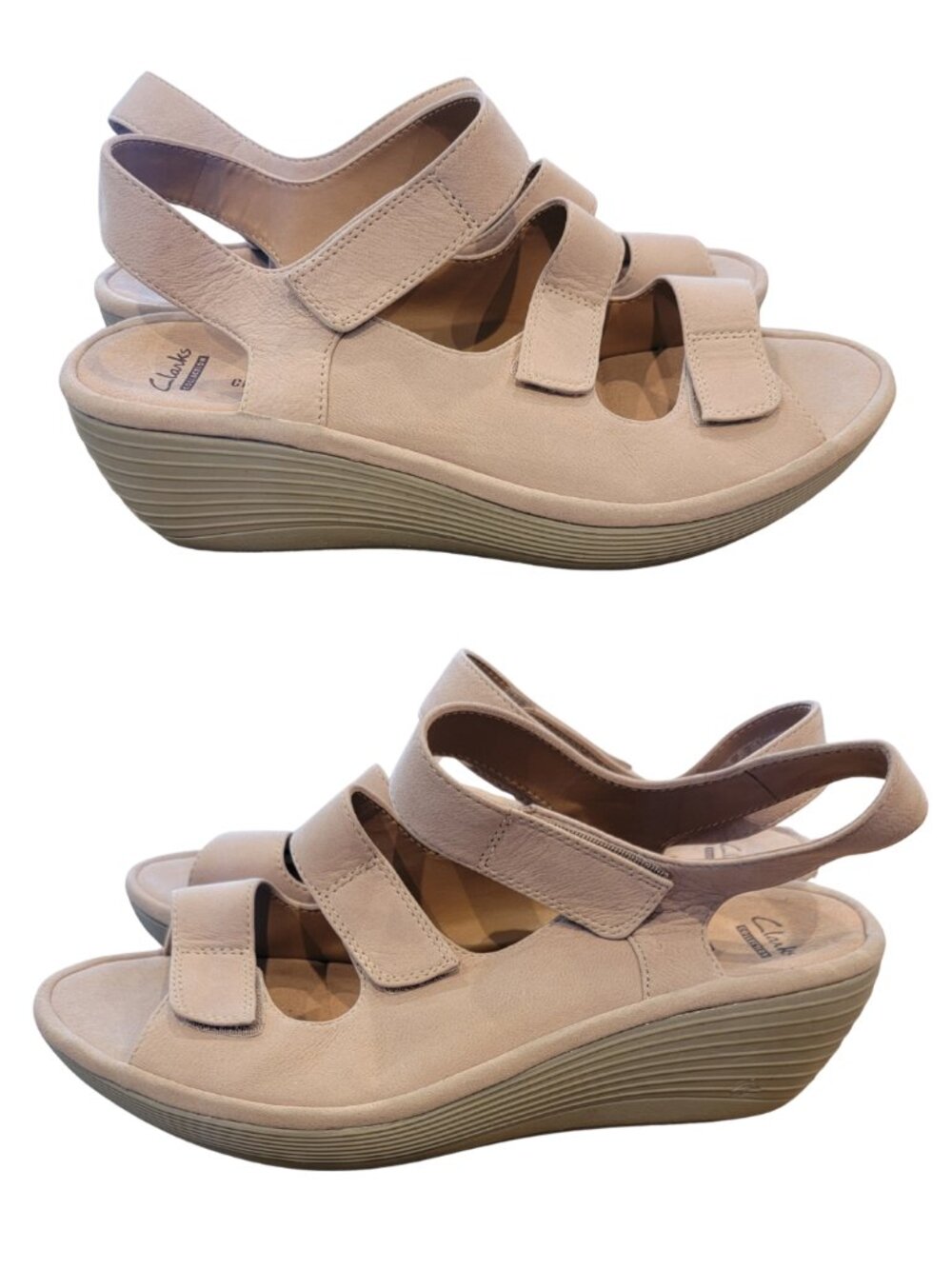 Clarks Collection Soft Cushion  Reedly Juno Wedge Sandals Sand Nubuck Leather